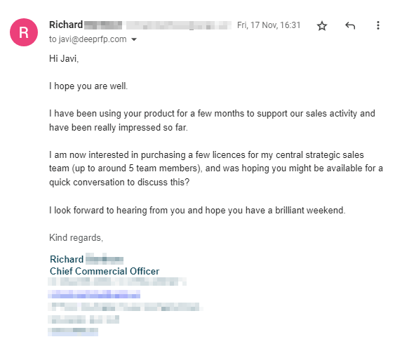 A user testimonial for DeepRFP, highlighting its effectiveness in AI proposal writing and RFP Automation. User is benefiting from the AI proposal generator, AI proposal writer, AI executive summary generator, AI compliance matrices, AI RFP analysis, and other proposal automation software and proposal writing AI tools for streamlined bidding and compliance processes.