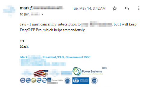 A user testimonial for DeepRFP, highlighting its effectiveness in AI proposal writing and RFP Automation. User is benefiting from the AI proposal generator, AI proposal writer, AI executive summary generator, AI compliance matrices, AI RFP analysis, and other proposal automation software and proposal writing AI tools for streamlined bidding and compliance processes.
